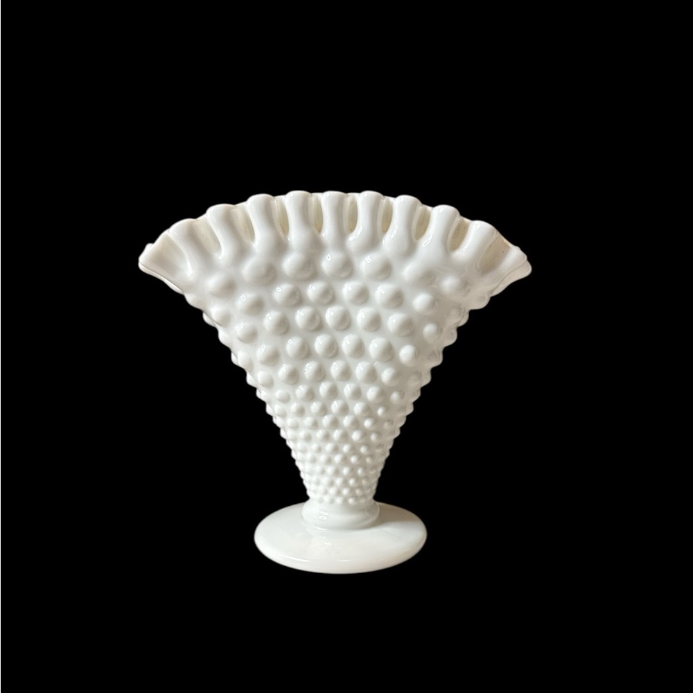 Fenton Milk Glass Scalloped Hobnail Fan Vase. (13-G)